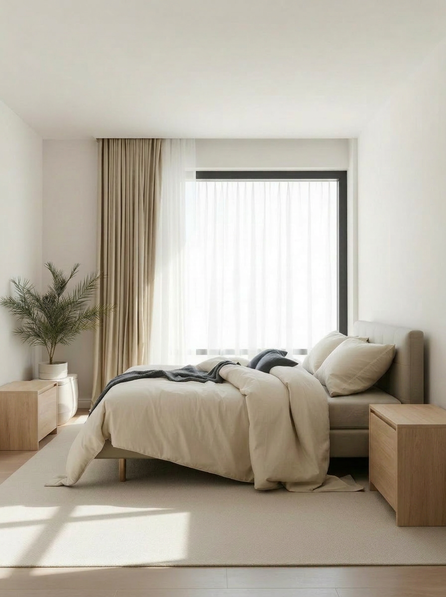 Linen-dressed bedroom