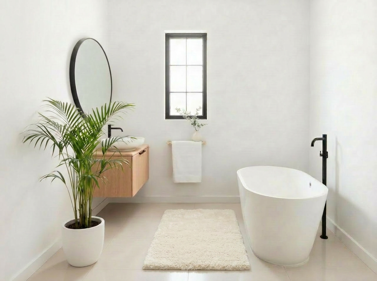 Stone soaking tub in a serene bathroom
